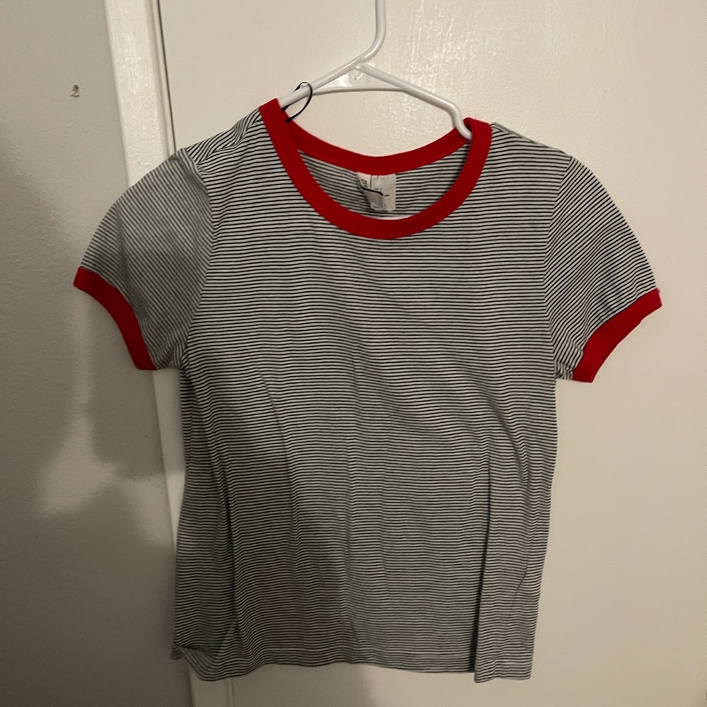 red and grey striped shirt